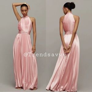 ANTHROPOLOGIE Mac Duggal Pink Pleated Satin Halter Maxi Dress Gown 12 NWT